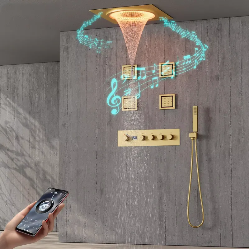 Smart Home Hotel - ชุดฝักบัว LED อัจฉริยะ พร้อมระบบเสียงเพลงในห้องน้ำ ฝักบัวแบบฝังผนัง สีดำด้าน