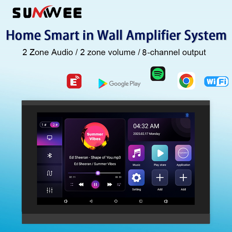 Smart Home Touchscreen Control Panel - บ้านสมาร์ท Auido ในเครื่องขยายเสียงติดผนัง 8x30W WIFI พื้นหลังเครื่องเล่นเพลงระบบบลูทูธเสียงหน้าจอสัมผัสแผงควบคุม