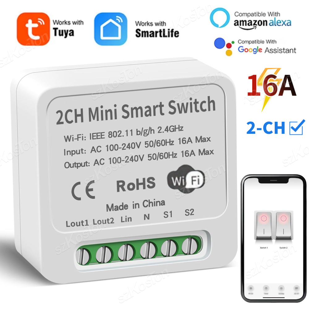 Smart Home Voice Control - 16A Tuya WiFi สมาร์ทโมดูลสวิทช์สมาร์ท 2CH MiNi